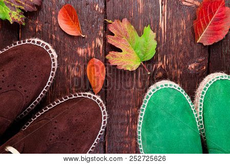 Brown And Green Man Suede Boots Espadrilles On Wooden