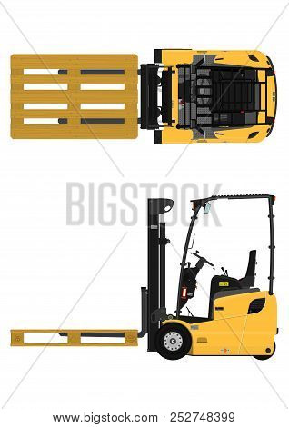 The Plan View Three-wheeled Counterbalance Forklift. Flat Vector.