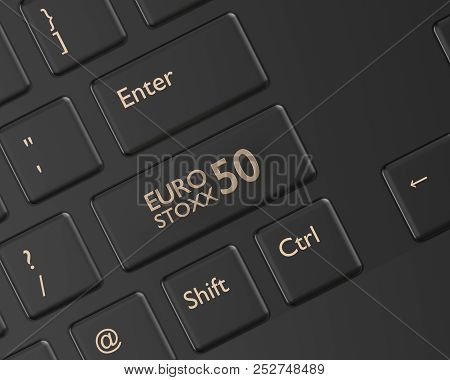 3d Render Closeup Of Computer Keyboard With Euro Stoxx 50 Index Button. Stock Market Indexes Concept