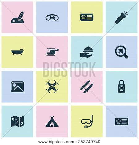 Trip Icons Set With Quadrupter, Map With Route, Tent With Fire And Other Image Elements. Isolated Ve