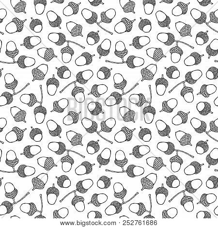 Seamless Endless Pattern Of Brown Acorns. Autumn Or Fall Vegetable Harvest Collection. Realistic Han