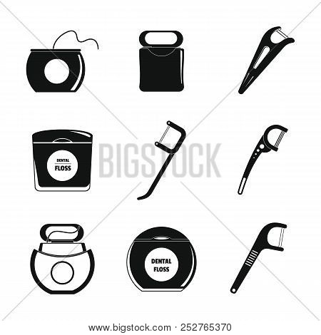 Floss Dental Brushing Teeth Icons Set. Simple Illustration Of 9 Floss Dental Brushing Teeth Icons Fo