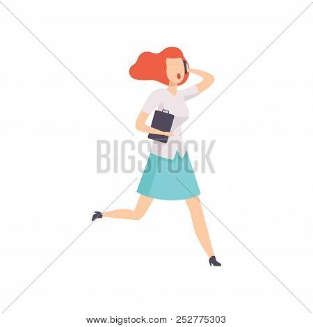 Young Woman Running To Work, Businesswoman Character Is Late For Work Vector Illustration On A White