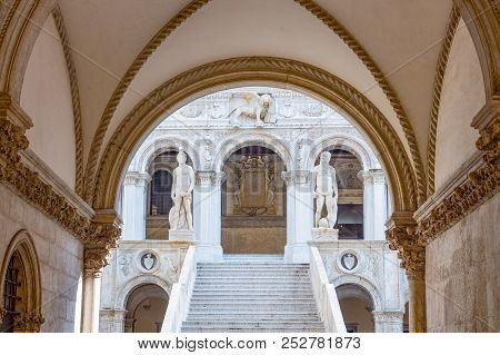 Venice, Italy - September 30, 2017:  Ducal Palace  The Dei Giganti Entrance Stairway Seen  From The 