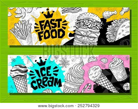 Fast Food Colorful Modern Banners Set Labels. Fast Food. Ice Cream. Donuts. Hot Dog, Hamburger, Coff