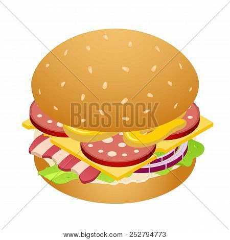 Cheesburger Icon. Isometric Of Cheesburger Icon For Web Design Isolated On White Background