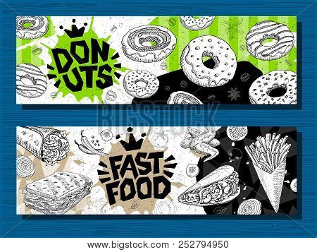 Fast Food Colorful Modern Banners Set Labels. Fast Food. French Fries. Donuts. Hot Dog, Hamburger, C