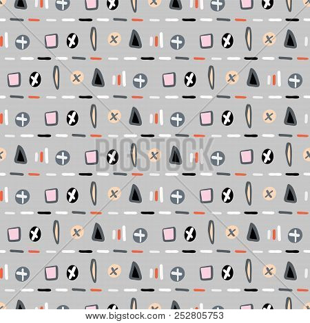 Geometric Doodle Shapes Grey Pink Vector Pattern