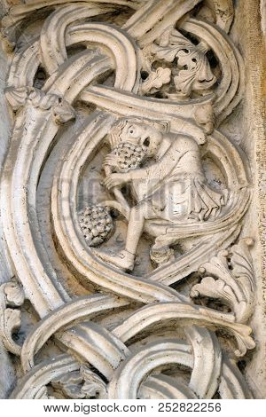 MODENA, ITALY - JUNE 04: Stone carvings by followers of Wiligelmo, Princesâ Gate, Modena Cathedral, Italy on June 04, 2017.