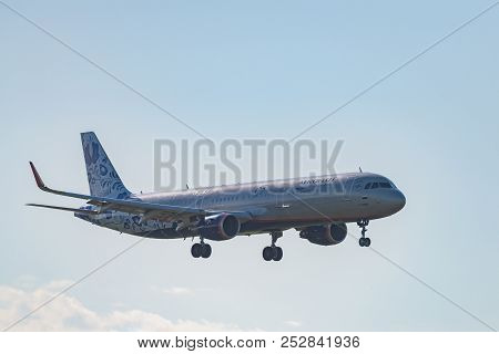 Novosibirsk, Russia - June 7, 2018: Airbus A321-211 Vp-bee Aeroflot Approaches For Landing At The In