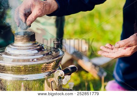 Samovar. Preparation Tea. Coal Loading Into Furnace