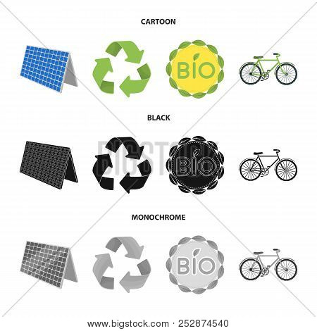 Bio Label, Eco Bike, Solar Panel, Recycling Sign.bio And Ecology Set Collection Icons In Cartoon, Bl