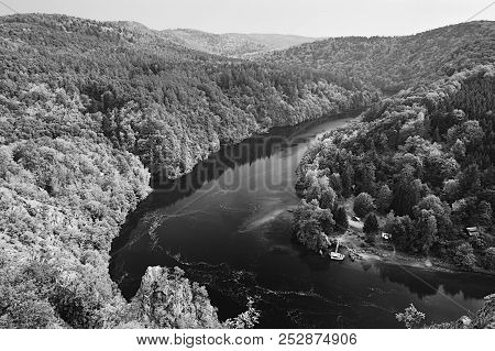Czech Landscape With River Vltava In Valley Near Ztracenka Colony Viewed From Smetana Prospect In Su
