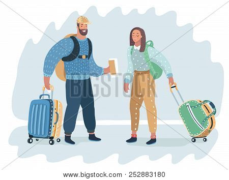 Stylish Young Man And Woman Are Tourists Carrying Suitcases. Vector Cartoon Illustration In Modern T