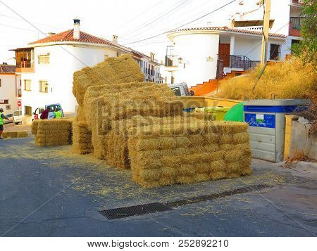 Alora, Spain - August 5, 2018: Council Workers Preparing To Line Village Street With Straw Bales Rea