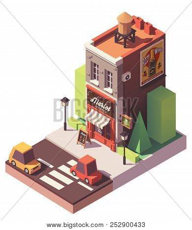 Vector Isometric Old Wine Shop Or Enoteca With Signboard, Awning And Wine Advertisement On The Billb