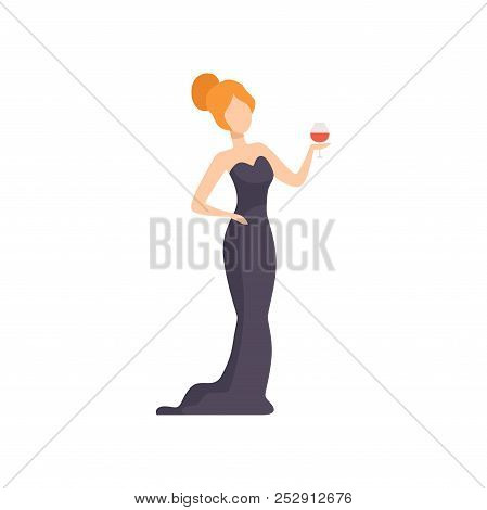 Beautiful Woman In Elegant Black Dress Standing With Glass Of Red Wine Vector Illustration On A Whit