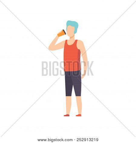 Young Man Drinkig Coffee, Guy Holding Paper Take Away Coffee Cup Vector Illustration On A White Back
