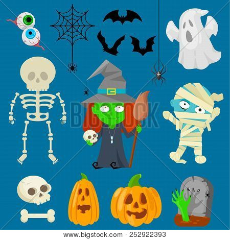 Set Of Cartoon Charachters For Halloween On Blue Background.