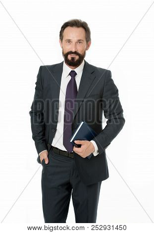 Well Organized. Businessman Planning Schedule Hold Notepad. Man Bearded Manager Smiling Face. Succes