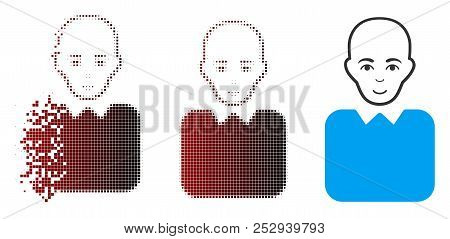 Vector Bald Bureaucrat Icon In Fractured, Pixelated Halftone And Undamaged Whole Versions. Disintegr