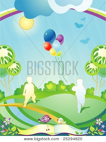 子供たちを実行して、風船を出発シルエットの風景