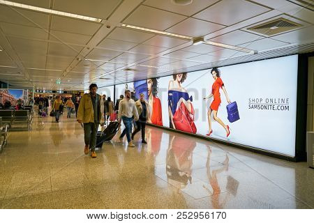 ROME, ITALY - CIRCA NOVEMBER, 2017: Samsonite advertisement in Fiumicino International Airport 