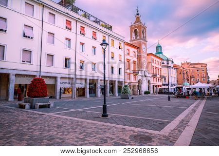 Rimini, Italy - June 13, 2018: Central Historic Square Of Rimini In The Morning. Square Of The Three