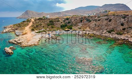 Aerial Birds Eye View Drone Photo Beach On Rhodes Island, Dodecanese, Greece. Panorama With Nice Lag
