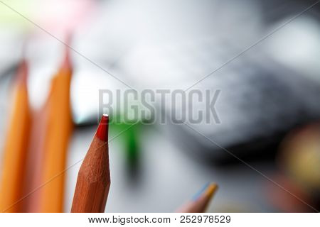 Back To School Concept. School And Office Supplies On Office Table. Male Or Boyish Still Life On The