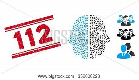 Grunge Red Stamp Seal With 112 Caption Inside Double Parallel Lines, And Mosaic Dual Face Icon. Mosa
