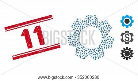 Corroded Red Stamp Watermark With 11 Text Inside Double Parallel Lines, And Mosaic Gear Icon. Mosaic