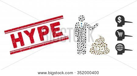 Distressed Red Stamp Seal With Hype Phrase Inside Double Parallel Lines, And Mosaic Businessman Show