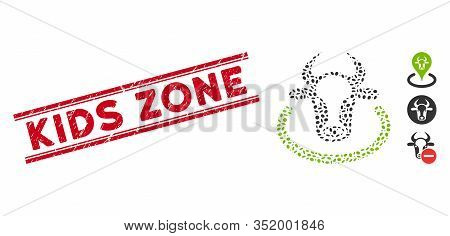 Rubber Red Stamp Seal With Kids Zone Caption Inside Double Parallel Lines, And Collage Cow Area Icon