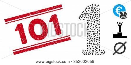 Grunge Red Stamp Seal With 101 Caption Between Double Parallel Lines, And Mosaic Digit One Icon. Mos