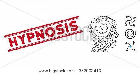 Grunge Red Stamp Seal With Hypnosis Caption Between Double Parallel Lines, And Mosaic Hypnosis Icon.