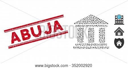Rubber Red Stamp Seal With Abuja Caption Between Double Parallel Lines, And Mosaic Building Icon. Mo