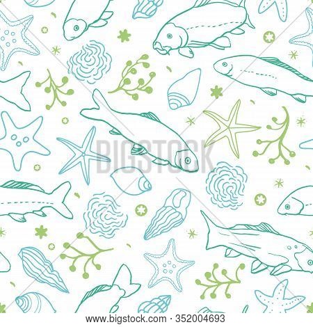 Sealife Nautical Line Art Pattern With Fish, Starfish, Seaweed And Wave In Blue And Green Tones. Sum