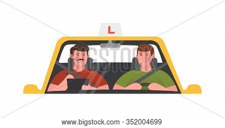 Driving School Illustration. Training Car, Takes An Exam. Isolated Vector Illustration