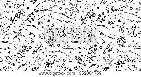Sealife Line Art Pattern With Fish, Tarfish, Seaweed And Wave. Summer Beach Pattern. Surface Pattern