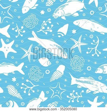 Sealife Linocut Style Pattern With Fish, Starfish, Seaweed And Wave In Blue Tones On Striped Backgro