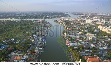 Aerial View Of Domestic Life Beside Chaopraya River In Bangkok Thailand