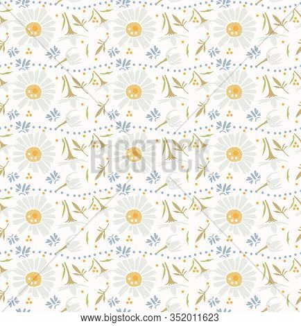 Chamomile Lawn Daisy Wildflower Motif Background. Naive Margerite Flower Seamless Pattern On White. 