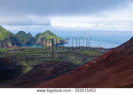 Heimaey Town Aerial View From Eldfell Volcano. Iceland Landscape. Westman Islands