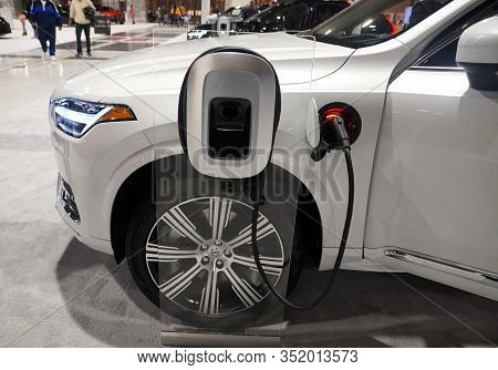 Philadelphia, Pennsylvania, U.s.a - February 9, 2020 - The Charging Port Of The White 2020 Volvo Xc9