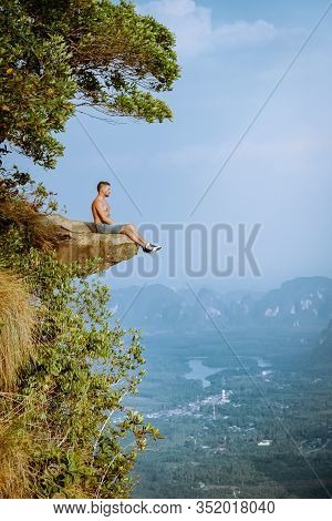 Khao Ngon Nak Nature Trail Krabi Thailand Or Dragon Crest, Man Climbed To A Viewpoint On The Top Of 