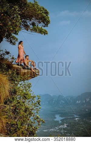 Khao Ngon Nak Nature Trail Krabi Thailand Or Dragon Crest, Couple Men And Woman Climbed To A Viewpoi