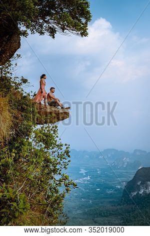 Khao Ngon Nak Nature Trail Krabi Thailand Or Dragon Crest, Couple Men And Woman Climbed To A Viewpoi