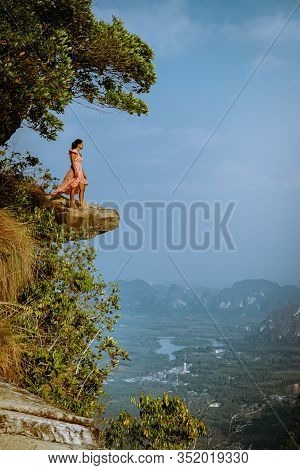 Khao Ngon Nak Nature Trail Krabi Thailand Or Dragon Crest, Woman Climbed To A Viewpoint On The Top O