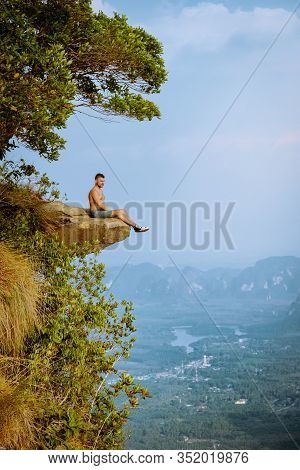 Khao Ngon Nak Nature Trail Krabi Thailand Or Dragon Crest, Man Climbed To A Viewpoint On The Top Of 